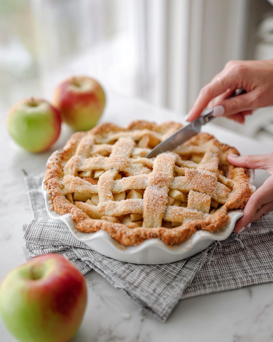 A golden-brown lattice apple pie with a crumbly, sugar-coated crust sits in a white ceramic pie dish. The crust is woven with thick strips that show glimpses of the warm apple filling underneath. The pie rests on a gray checkered cloth placed on a white marbled surface. A woman's hand holds the pie dish steady while another woman's hand uses a knife to cut into the top crust. In the foreground, three fresh apples with red and green skin are placed on the white marbled surface. The background is softly blurred with light coming through a window. Photo taken with an iphone --ar 4:5 --v 7