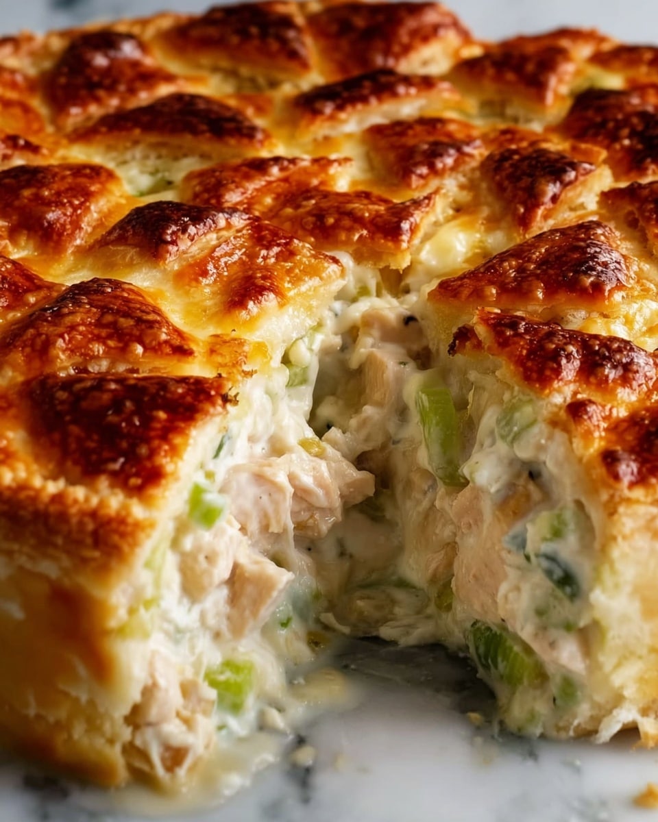 The image shows a close-up of a round, creamy chicken pie with a golden brown, bubbly baked cheese top crust, cut open to reveal the inside. Inside the pie, there are visible layers of soft white creamy sauce mixed with chunks of light brown cooked chicken and small green celery pieces, giving it a soft and rich filling look. The thick crust is flaky and evenly browned with some darker spots, covering the top and sides of the pie. The pie is placed on a white marbled surface. photo taken with an iphone --ar 4:5 --v 7