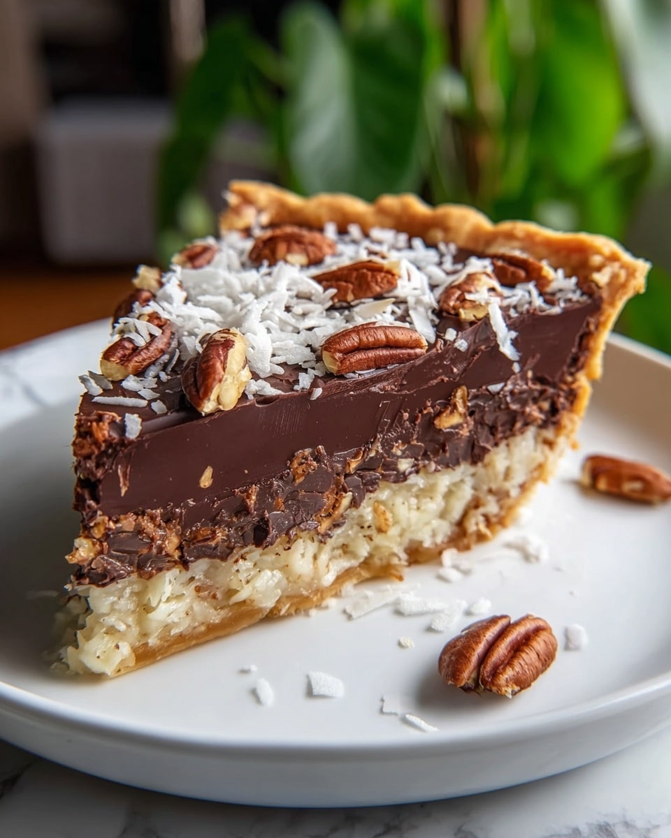 A slice of pie with four clear layers sits on a white plate. The bottom layer is light beige and looks crumbly, possibly made of nuts or coconut. Above this is a shiny dark brown chocolate layer with a smooth texture. The third layer is thicker, darker chocolate with a slightly rough surface mixed with small nut bits. The top layer is decorated with shredded white coconut and whole pecan pieces scattered over the chocolate. The pie crust around the slice is golden and flaky. The setting shows a green plant blurred in the background on a white marbled surface. Photo taken with an iphone --ar 4:5 --v 7