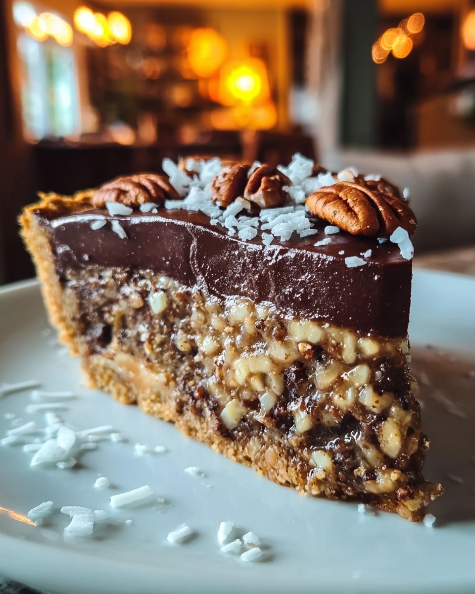 A slice of pie with three visible layers sits on a white plate placed on a white marbled surface. The bottom layer is a crumbly, light brown crust. The middle layer is a thick, nut-filled filling with a mix of small, brown, and beige nut pieces. The top layer is a smooth, glossy dark brown chocolate topping spread evenly, decorated with whole pecans and white coconut flakes scattered on top and around the slice. The background is softly blurred, showing warm indoor lighting. photo taken with an iphone --ar 4:5 --v 7