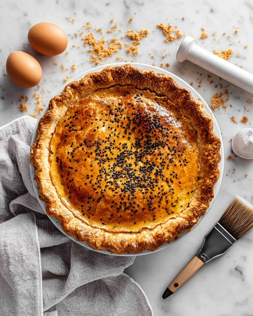 A golden brown pie with a shiny crust sits on a round white plate, topped with scattered black sesame seeds. The crust has fork-marked edges, giving it a textured border. The pie is placed on a white marbled surface, surrounded by crumbs, an egg, a basting brush with a black handle, a white shaker, and light gray kitchen towels. Photo taken with an iphone --ar 4:5 --v 7