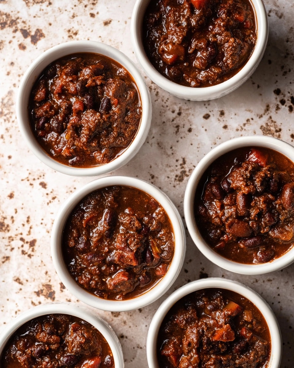 Six white small bowls are filled with thick, dark brown chili with visible chunks of meat and beans in each bowl. The chili has a rich texture with gloss from the sauce, and some pieces of tomato and meat chunks add hints of red and dark brown colors. The bowls are placed on a white marbled surface with brown speckled patterns. The image is taken from above showing a close-up view of the bowls arranged in a loose cluster. photo taken with an iphone --ar 4:5 --v 7
