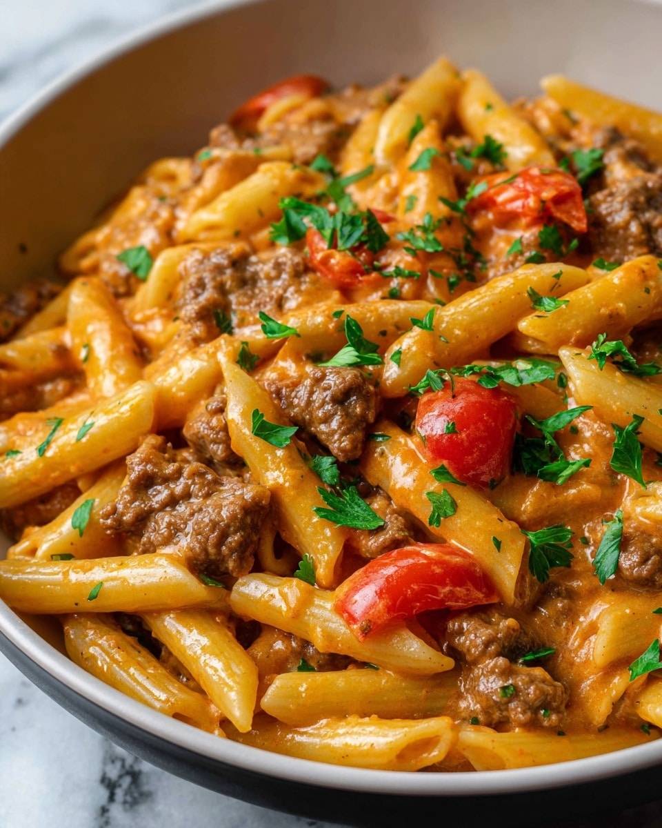 This image shows a close-up of creamy beef pasta served in a white bowl. The pasta is penne, light yellow in color, mixed with small chunks of cooked browned beef. The creamy sauce coats the pasta and beef evenly, giving a smooth and slightly glossy orange-brown texture. Bright red cherry tomato pieces are scattered throughout, adding pops of color. Fresh green parsley leaves are sprinkled on top, adding a fresh touch. The bowl rests on a white marbled surface that complements the warm colors of the dish. photo taken with an iphone --ar 4:5 --v 7
