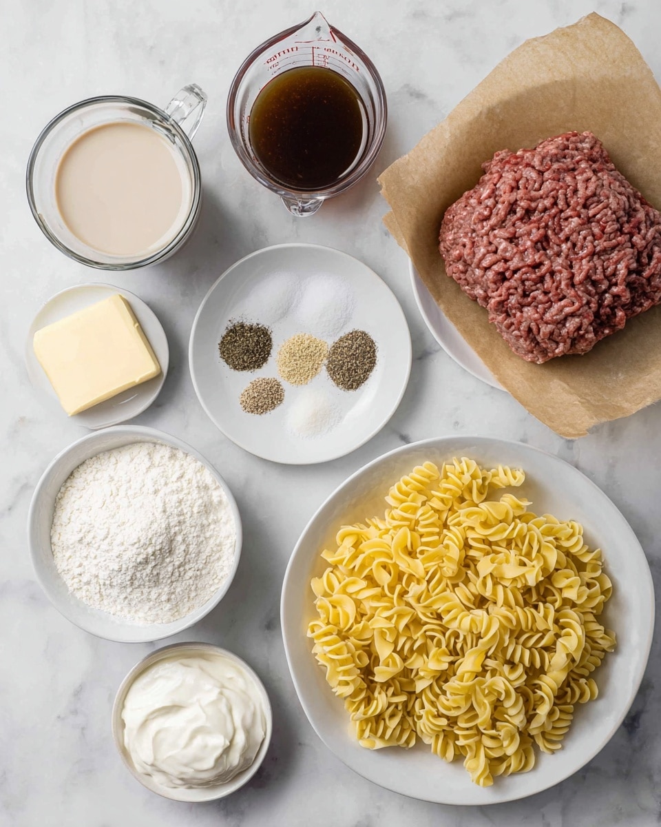 The image shows several ingredients arranged on a white marbled surface. At the top right, there is a pile of raw ground beef on brown paper inside a white plate. Below it, there is a glass measuring cup filled with a dark brown liquid, likely broth. To its left, another measuring cup contains a light cream liquid, possibly milk. In the center, there is a white bowl full of uncooked yellow curly egg noodles. Above the noodles, a white plate holds four small piles of spices: black pepper, salt, garlic powder, and onion powder. To the left of the noodles, a small white bowl contains white flour, and above it, another white plate has a stick of butter. At the bottom left, there is a small bowl filled with a white creamy substance, likely sour cream. All items are placed neatly and evenly spaced. Photo taken with an iphone --ar 4:5 --v 7