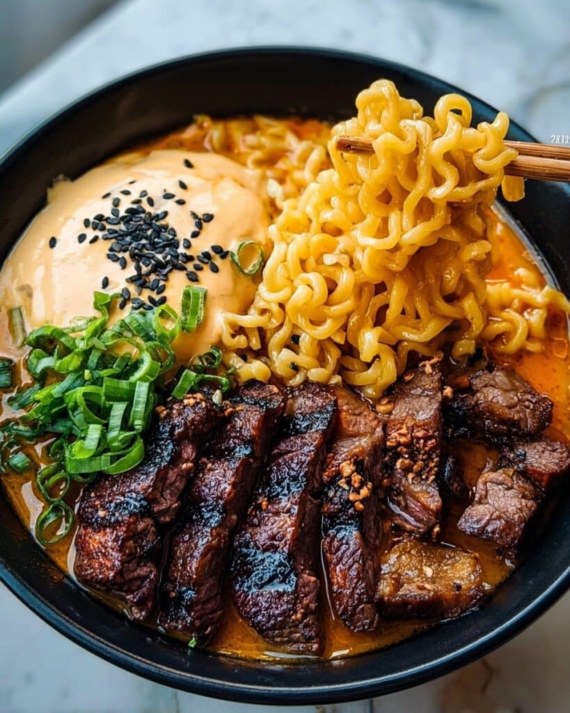 Spicy Korean Ramen with Grilled Beef & Creamy Sauce Recipe