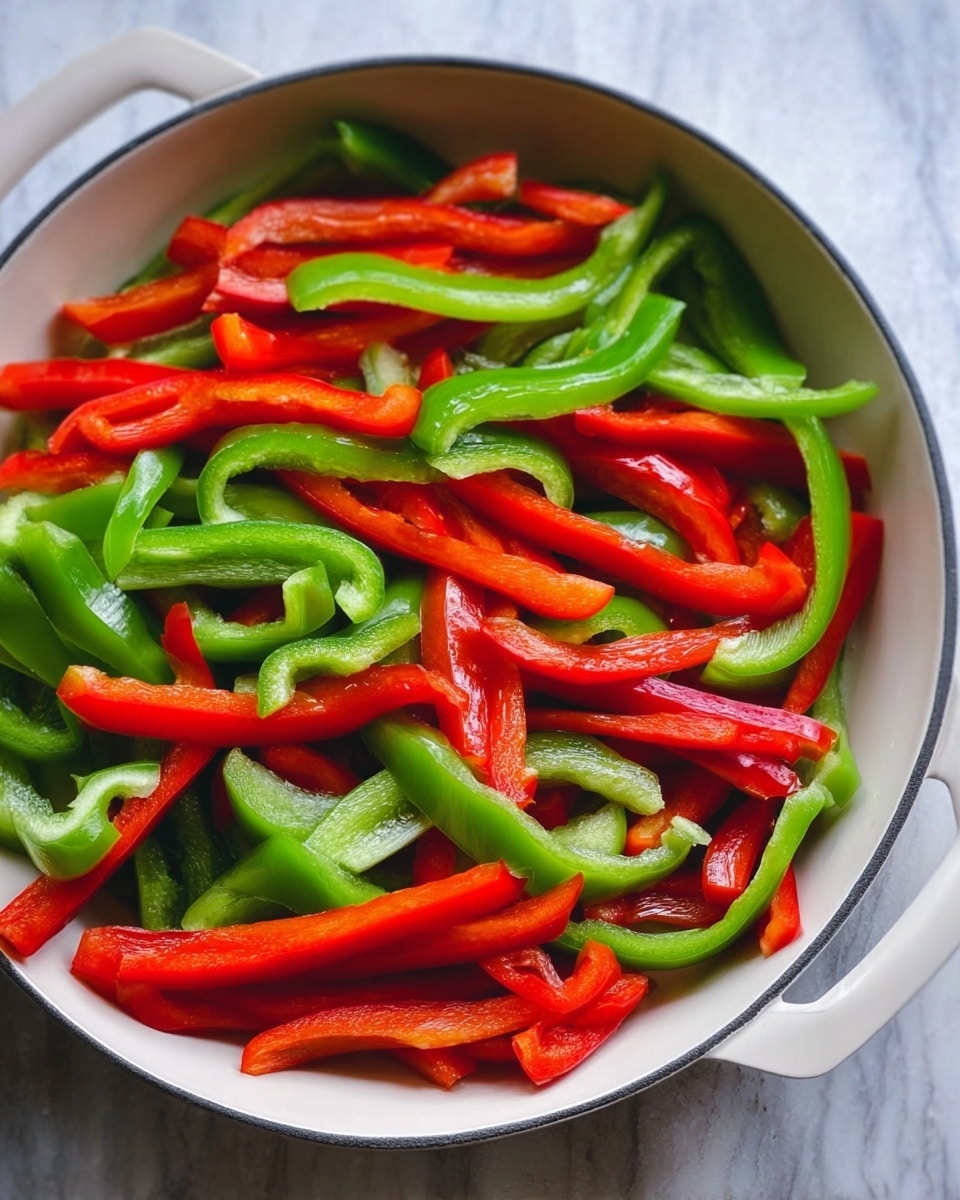 A white pan filled with thin slices of green and red bell peppers layered evenly, showing a mix of bright green and deep red colors with a shiny, fresh texture. The peppers are spread across the pan in a loose, natural way on a white marbled surface. Photo taken with an iphone --ar 4:5 --v 7