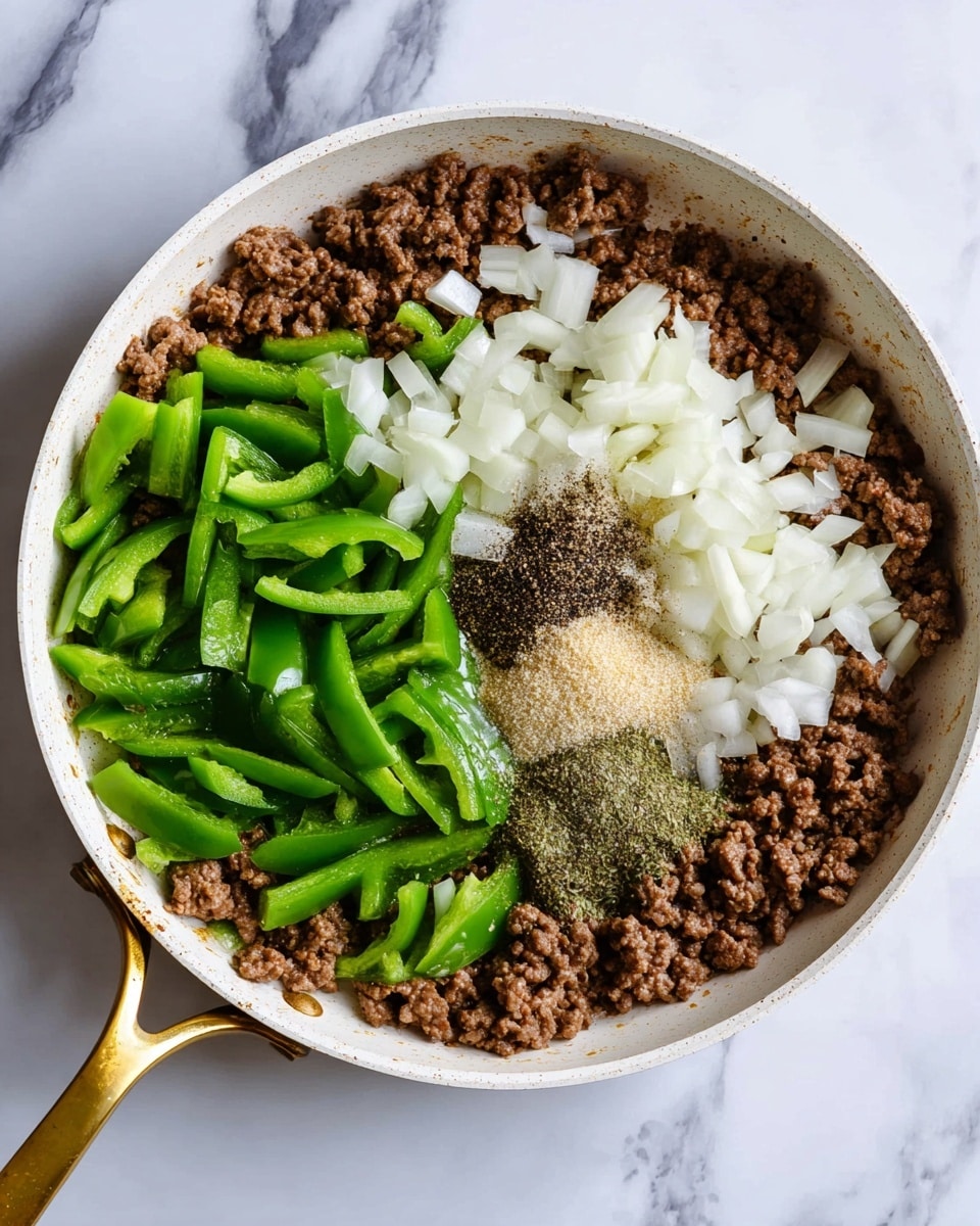 A white frying pan with a golden handle filled with cooked ground beef forming the bottom layer, topped with fresh green bell pepper slices scattered mainly on one side, chopped white onions spread around the middle, and a pile of various seasonings including salt, black pepper, and garlic in the center. The pan sits on a white marbled surface, and the ingredients show a mix of soft textures from the beef and crisp textures from the fresh vegetables. photo taken with an iphone --ar 4:5 --v 7
