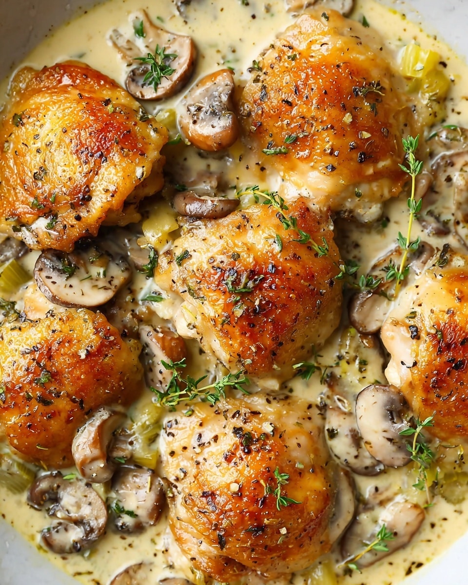 The image shows a close-up of cooked chicken thighs with a golden brown crispy skin, each piece covered in a creamy sauce with visible herbs. There are sliced brown mushrooms mixed in, partially submerged in the sauce, and fresh green thyme sprigs scattered on top, adding color contrast. The creamy sauce has a smooth texture with some black pepper and small herbs sprinkled evenly, giving a rich and savory look. The dish is presented on a white plate on a white marbled surface. photo taken with an iphone --ar 4:5 --v 7