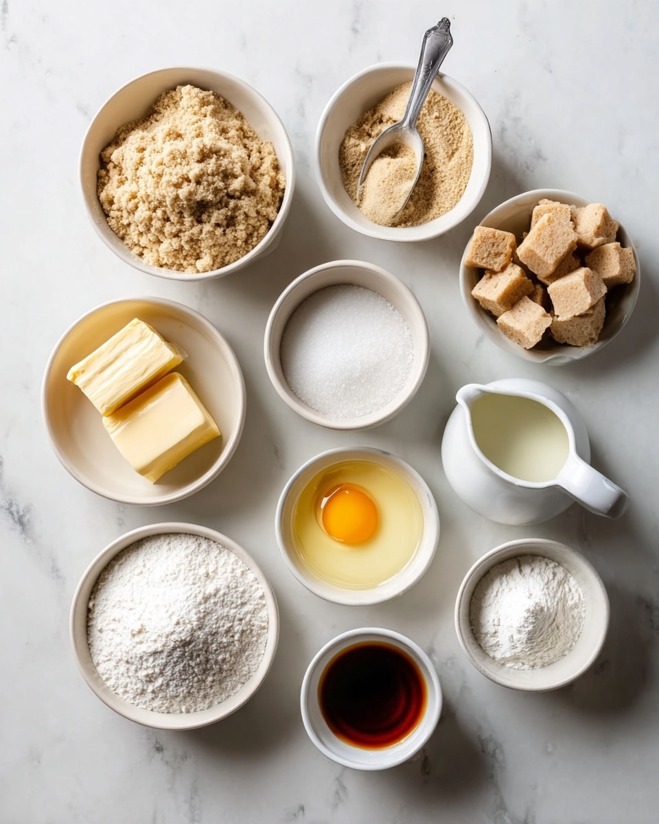 The image shows nine white bowls arranged on a white marbled surface, each holding different ingredients. In the top right, a bowl contains light brown dough cubes. Next to it, a larger bowl holds a mound of crumbly beige powder with a small scoop resting on top. Below, a small bowl has a white powder, possibly baking soda, and next to it is another with a fine white powder, likely powdered sugar. A bowl on the bottom left is filled with a mound of white granulated sugar. Moving upward on the left side, a small bowl holds a yellowish, thick cube of butter, and beside it, a tiny bowl contains dark brown vanilla extract with a vanilla bean partially resting inside. In the center left is a bowl with a raw egg, showing a bright yellow yolk surrounded by clear egg white. Below and to the right of the egg is a small bowl of light yellow oil, and to its right is a small white pitcher filled with milk. The overall arrangement is neat, with the bowls offering a mix of smooth, crumbly, and liquid textures, all on a clean white marbled surface. Photo taken with an iphone --ar 4:5 --v 7