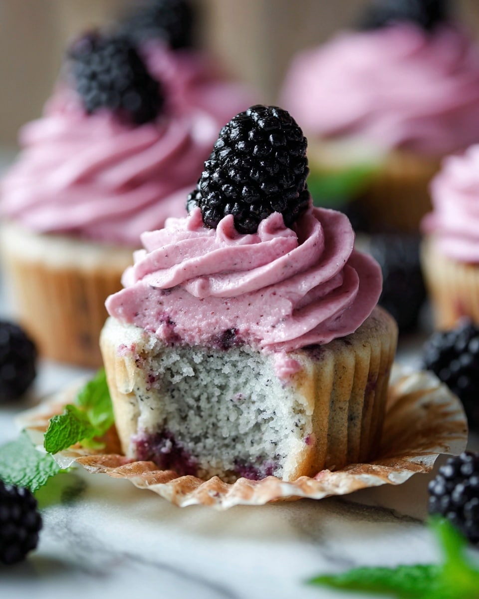 There are seven cupcakes with light brown bases topped with three thick swirls of light pink frosting that has tiny dark specks in it. Each cupcake has one whole blackberry placed on top of the frosting. The cupcakes are arranged on a light wooden board with several loose blackberries scattered around. In the background there is a small container filled with blackberries on a white marbled surface. The whole scene is set on a white marbled texture. Photo taken with an iphone --ar 4:5 --v 7