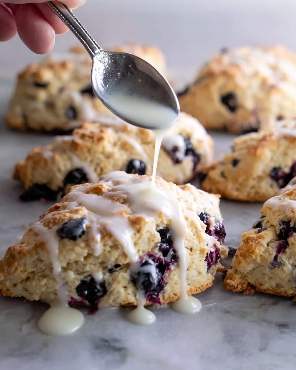 The image shows golden brown scones with a rough, crumbly texture, dotted with dark purple blueberries inside and on the surface. A woman's hand holding a shiny silver spoon drizzles white glaze over the scones, creating thin, smooth lines. The scones are placed closely on a flat surface with a white marbled texture, with the glaze catching light to add a glossy look. photo taken with an iphone --ar 4:5 --v 7