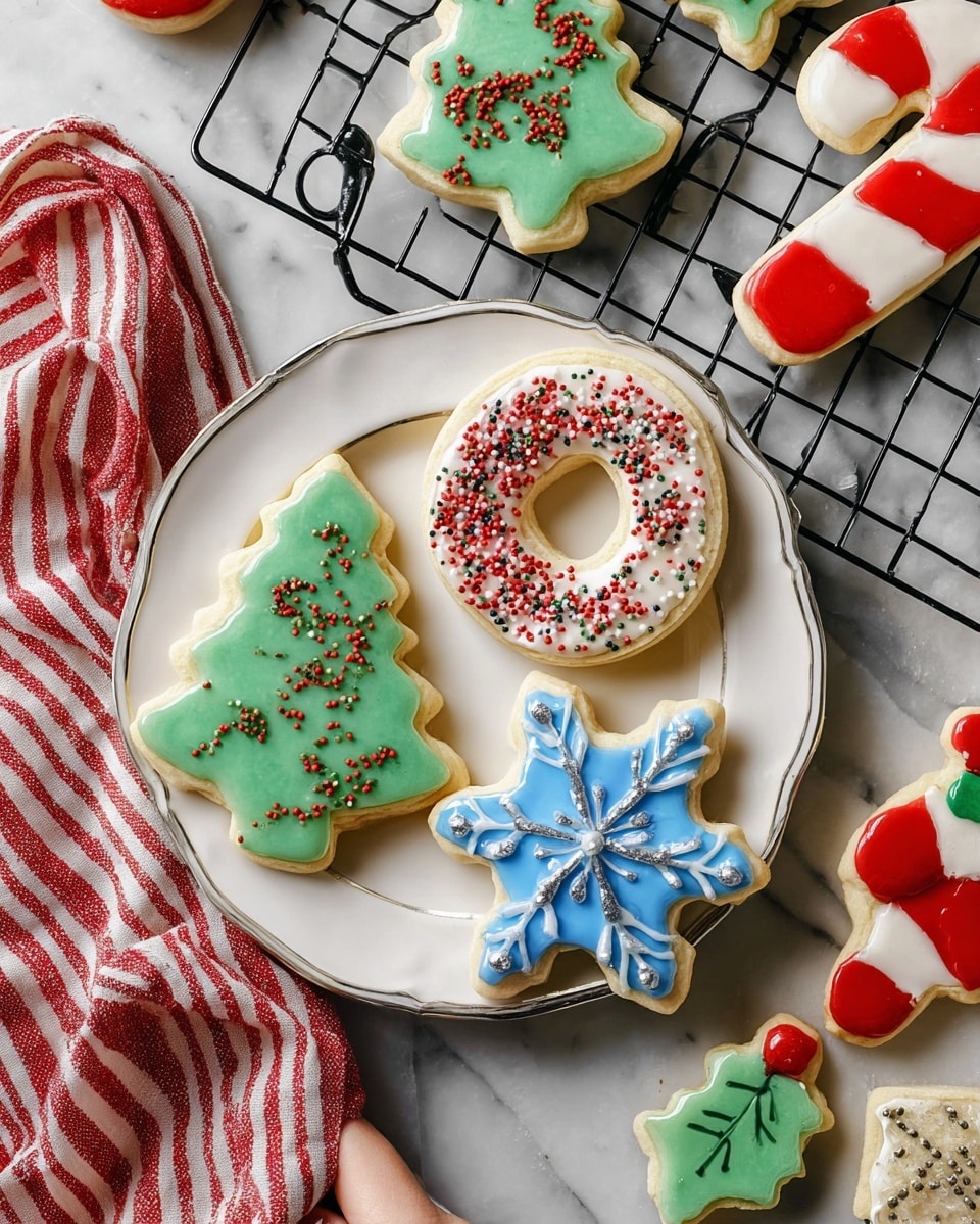 The image shows several Christmas sugar cookies decorated with smooth icing. There are four green Christmas tree-shaped cookies with red and white sprinkles, placed on a white plate and a black cooling rack with a white marbled background. A blue snowflake cookie with silver ball sprinkles sits on the cooling rack, with bright, shiny blue icing that covers the entire cookie. A round candy cane cookie has alternating red and white stripes of icing. Two small holly leaf cookies with green icing and a red round candy are also visible on the cooling rack. Part of a red and white striped cloth is on the left side under the cooling rack. A woman's hand is reaching for one of the cookies. Photo taken with an iphone --ar 4:5 --v 7