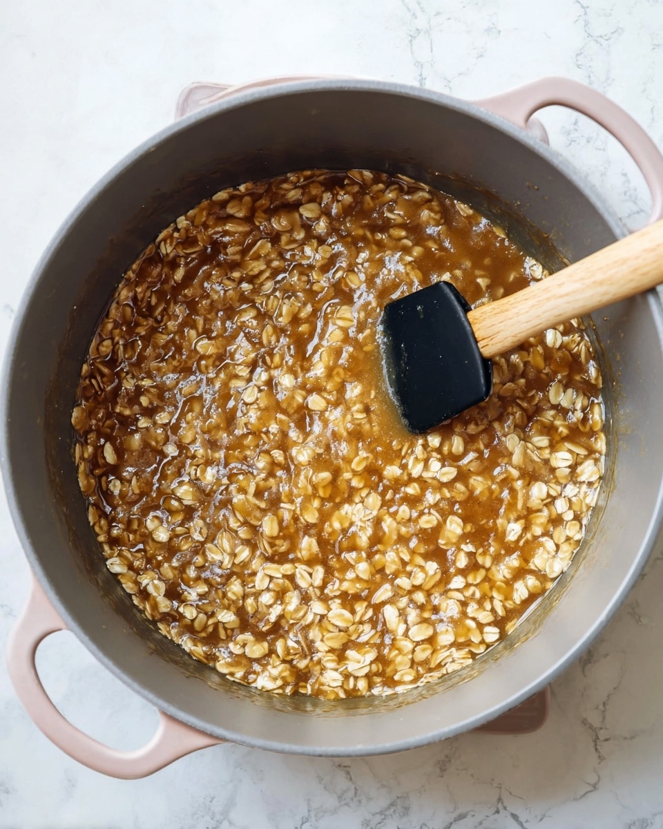 A top view shows a gray cooking pot filled with a thick mixture of light brown syrup and golden oats. The mixture has a shiny, sticky texture with visible pieces of oats spread evenly throughout. A black spatula with a light wooden handle is placed inside the pot, partly submerged in the mixture, stirring it. The pot sits on a white marbled surface, with two soft pink handles on each side. Photo taken with an iphone --ar 4:5 --v 7