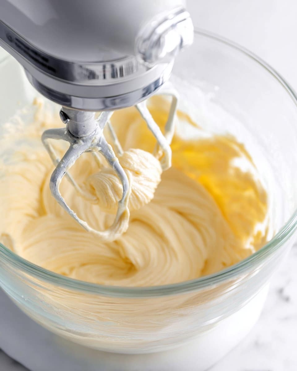 A close-up image showing a white stand mixer's metal beaters mixing a smooth, creamy pale yellow batter inside a clear glass bowl. The batter has a soft, whipped texture with swirls formed by the mixing motion. The clear glass bowl rests on a white marbled surface, with the focus on the motion of the beater and the batter's silky texture. Photo taken with an iphone --ar 4:5 --v 7
