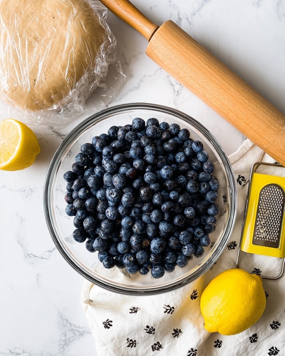 A clear glass bowl filled with many dark blue, fresh blueberries sits on a white marbled surface. Above the bowl, there is a round dough wrapped in plastic wrap, light brown in color, placed beside a wooden rolling pin. To the right of the bowl, there is a bright yellow lemon and a yellow grater with a label on it. At the top right corner, a white cloth with small black floral patterns is casually placed. The photo taken with an iphone --ar 4:5 --v 7
