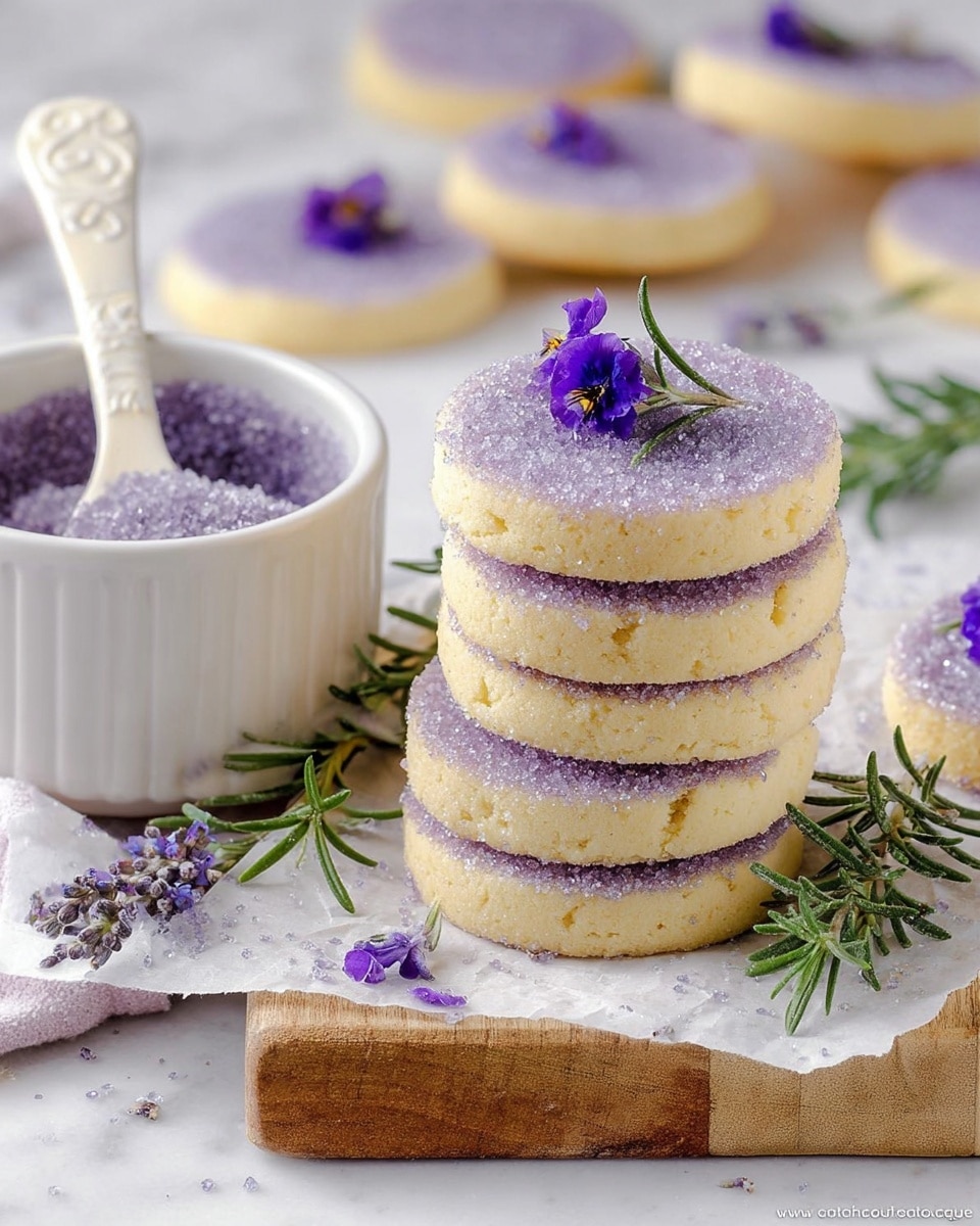 A stack of round cookies with a pale yellow center and edges coated in light purple sugar crystals on a white marbled surface. Each cookie has a smooth top with a tiny purple flower on it. Around the cookies, there are fresh sprigs of green rosemary and small purple flowers scattered, adding color and texture. To the left, a white bowl contains more purple sugar with a white spoon resting inside it, decorated with a small purple flower. In the background, more cookies are lightly blurred, showing the same pale yellow color. The setting uses white parchment paper under the stack and a wooden board beneath it, all on a white marbled surface. Photo taken with an iphone --ar 4:5 --v 7