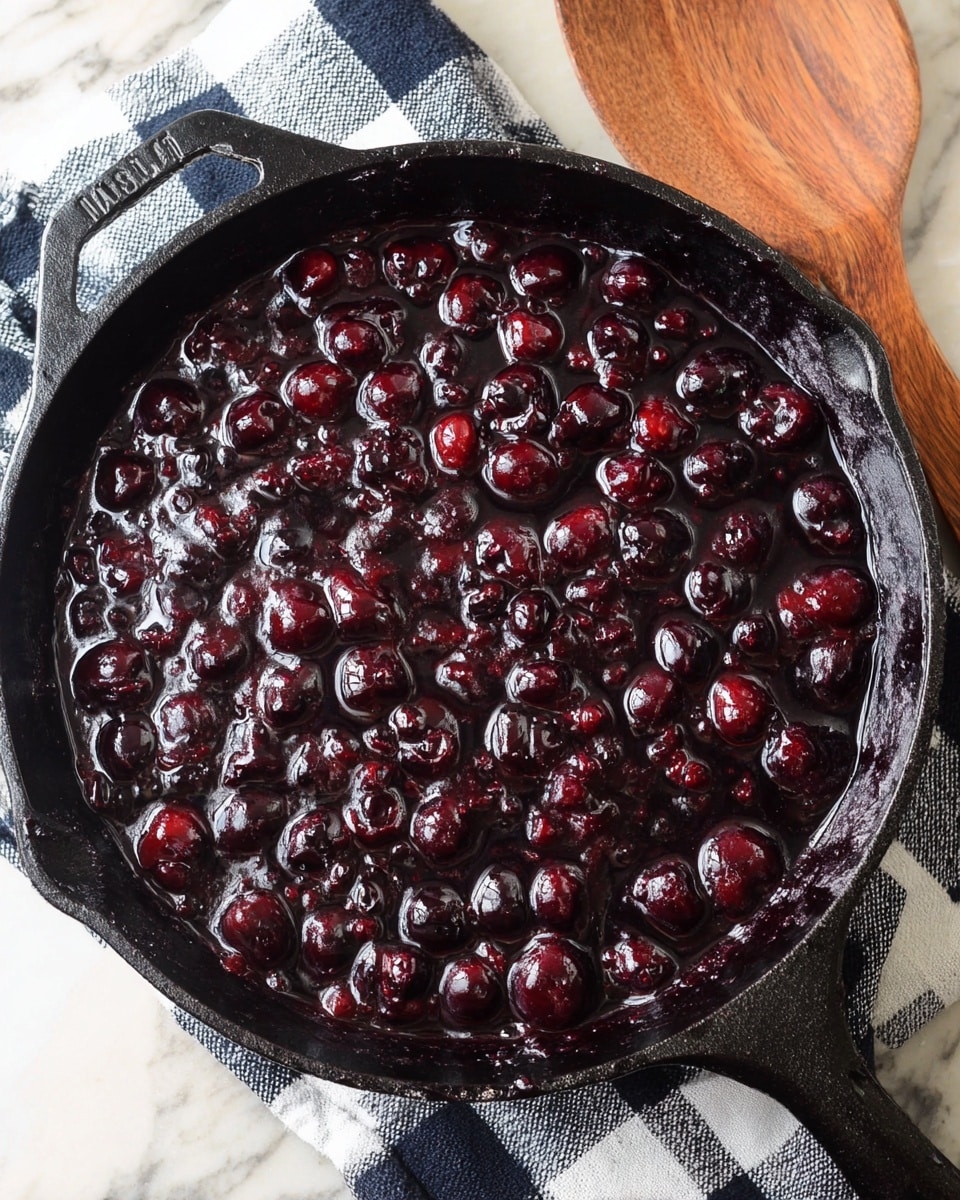 A close-up view of a black cast iron skillet filled with a thick dark purple-red sauce containing many whole and partially crushed cherries, creating a textured surface with shiny and matte parts. The skillet is placed on a black and white checkered cloth that lies on a white marbled textured surface. To the right side of the skillet, there is a wooden spoon with visible grain resting partially on the cloth and surface. Photo taken with an iphone --ar 4:5 --v 7