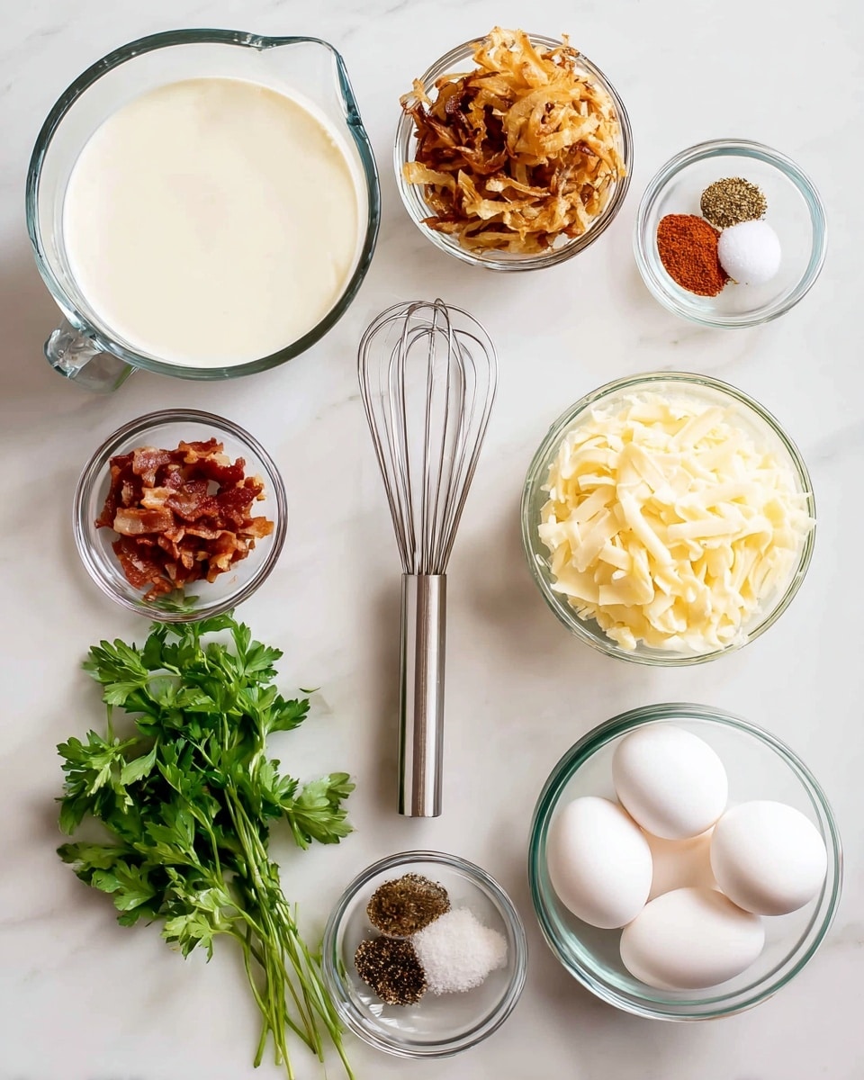 The image shows seven small clear glass bowls and a glass measuring cup arranged on a white marbled surface. From the top left, the glass measuring cup holds a smooth, white liquid, likely cream. Below it, a small bowl is filled with golden brown crispy fried onions. Moving right, another bowl is full of thick, pale yellow shredded cheese. To the right bottom, there is a bowl containing four whole white eggs. Below the bowl with fried onions, some fresh green flat parsley lies on the surface. Next to the parsley, a small bowl holds crispy bacon pieces in reddish-brown shades. Above the parsley and bacon bowl, there is a tiny glass bowl with various spices: white salt, brown, red, and black powders. A single stainless steel whisk is placed centrally among all items. photo taken with an iphone --ar 4:5 --v 7