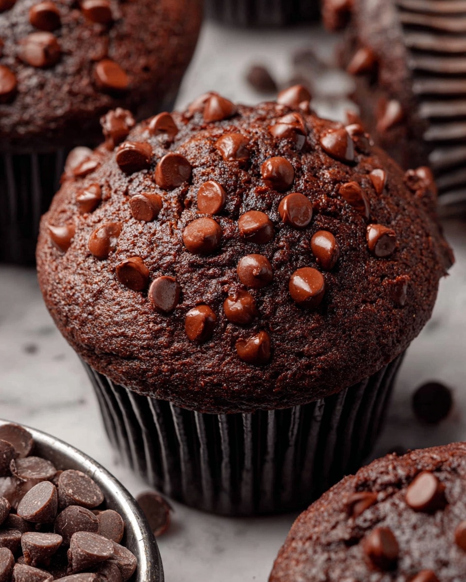 A close-up view of a chocolate muffin with a rich dark brown color, topped with many shiny chocolate chips spread unevenly over the slightly cracked surface. The muffin sits in a black ridged paper cup that hugs the bottom and sides, showing a soft, moist texture. Around the main muffin, there are other similar muffins and a metal container filled with more chocolate chips, all placed on a white marbled textured surface. The scene has a warm tone that highlights the soft texture and glossy chips, photo taken with an iphone --ar 4:5 --v 7