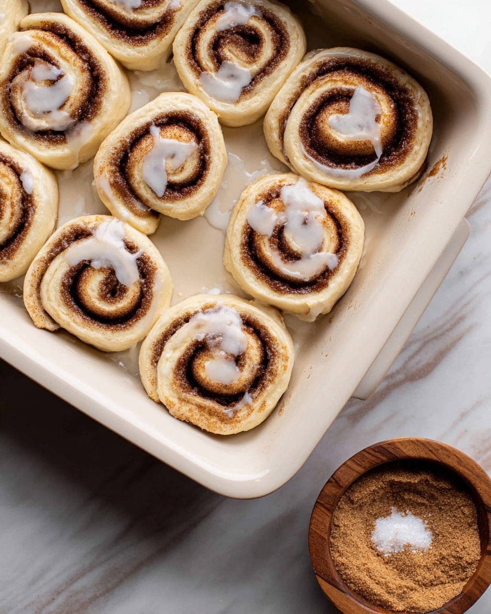 A white baking dish holds nine cinnamon rolls arranged with space between each. Each roll has a spiral design showing two layers: a light beige dough on the outside and a dark brown cinnamon sugar filling in the spiral center. Small patches of white icing appear in some spots on top of the rolls. The dish is placed on a white marbled surface, and next to it is a small wooden bowl filled with a light brown cinnamon sugar mix, slightly dusted with white sugar. Photo taken with an iphone --ar 4:5 --v 7