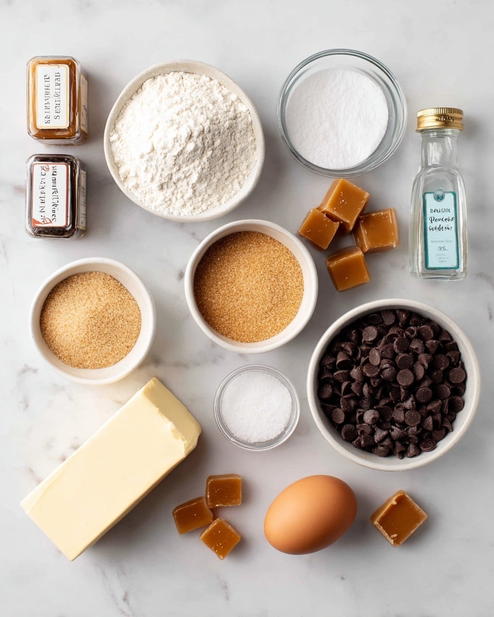 The image shows ingredients for baking neatly arranged on a white marbled surface. There is a round white bowl filled with dark brown chocolate chips near the top right, and next to it a small clear glass bowl with white powdered sugar. Below these, there is a small white bowl with packed light brown sugar and another small clear glass bowl with white granulated sugar. At the bottom center, there is a brown egg and near it two sticks of unsalted butter, one whole and one partially unwrapped. To the left, a round white bowl is filled with white flour, and above it, there are two glass jars with gold lids labeled baking soda and salt. There is a small bottle of vanilla extract behind the butter and some caramel-colored candy cubes scattered near the center. The image is bright and clean with all items clearly visible. photo taken with an iphone --ar 4:5 --v 7