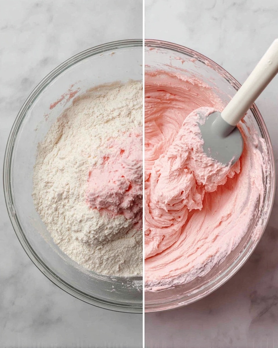 A clear glass mixing bowl sits on a white marbled surface, filled with a smooth, light pink creamy mixture. In the left part of the image, a heap of white powder is layered on top of the pink cream in the bowl, with a white spatula that has a grey handle resting inside the bowl, partially touching the powder. In the right part of the image, the mixture appears thicker and more textured with the white powder partly blended in, the spatula still inside the bowl and coated with the airy pink mixture. photo taken with an iphone --ar 4:5 --v 7
