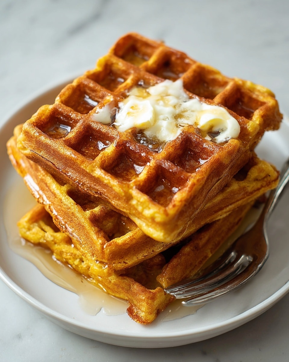 A stack of three golden brown waffles sits on a white plate with a white marbled surface underneath. The waffles have a crisp texture with deep square pockets, and a dollop of melting butter is placed on the top waffle, slowly spreading into the squares. Light syrup glistens on the top waffle and around the edges, adding a shiny, sticky look. A silver fork rests beside the stack on the plate. The photo taken with an iphone --ar 4:5 --v 7