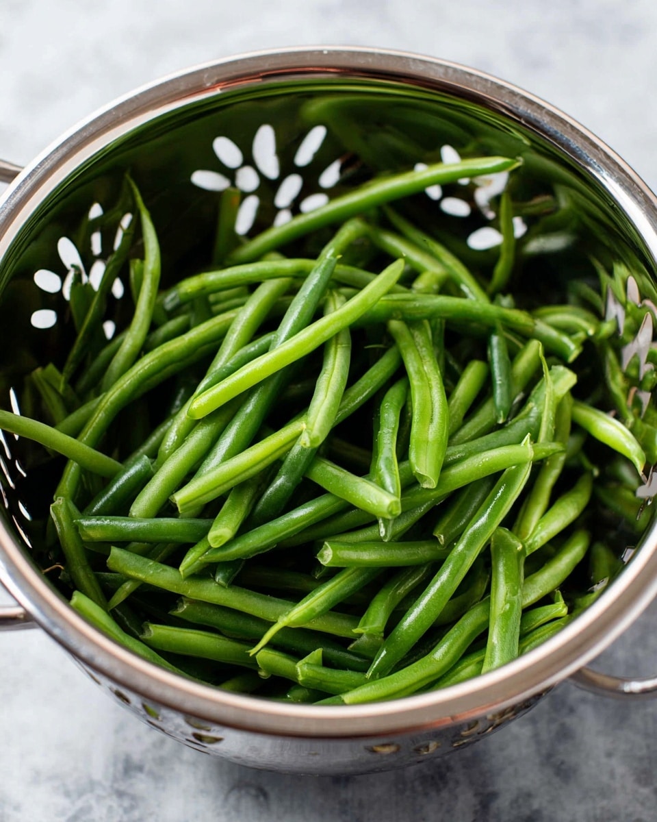 The image shows a shiny steel colander filled with fresh green beans. The green beans are bright green, smooth, and arranged loosely inside the colander, some overlapping each other. The colander has cut-out patterns along the sides and is placed on a white marbled surface. There is no other food or objects around. Photo taken with an iphone --ar 4:5 --v 7