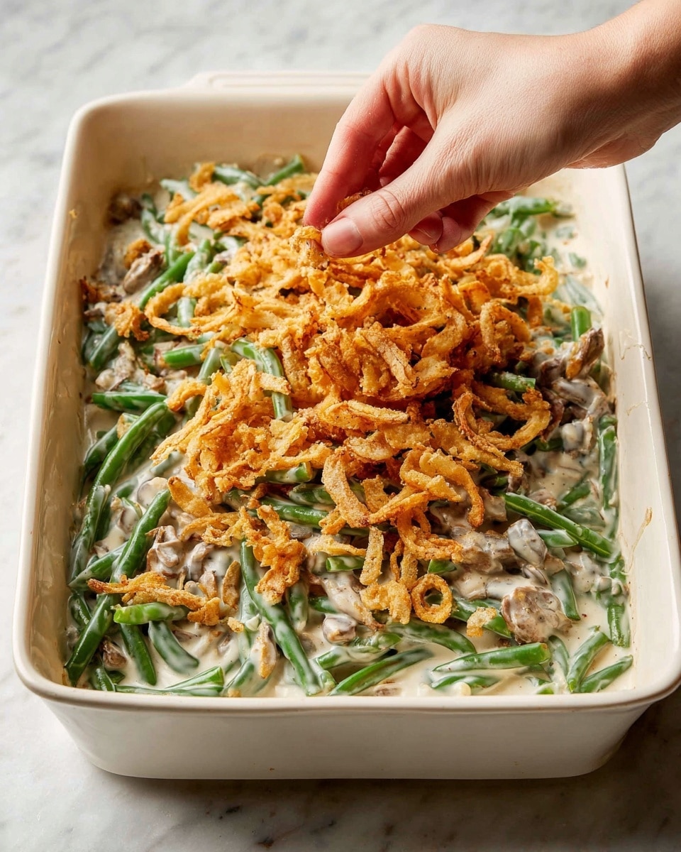 A white rectangular baking dish is filled with three layers: the bottom layer consists of green beans mixed with sliced mushrooms coated in a thick creamy white sauce, the middle layer is visible as a mix of these ingredients, and the top layer is being sprinkled with golden crispy fried onions, which add a crunchy texture. A woman's hand is seen from the right side gently placing the fried onions on top of the creamy vegetable mixture. The dish sits on a white marbled surface, providing a clean and bright background. The lighting highlights the creamy texture and vibrant green of the beans and the golden color of the onions. photo taken with an iphone --ar 4:5 --v 7
