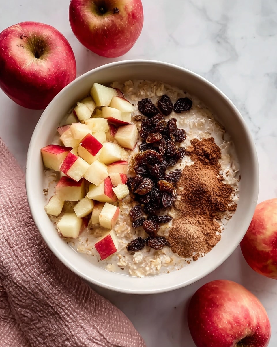 A white bowl on a white marbled surface holds oatmeal as the base layer, creamy and light beige with visible oats. On the top left side, there is a layer of small red and white apple cubes with skin on, neatly placed. In the center, a pile of dark brown raisins adds texture and depth. To the right, two small heaps of cinnamon powder sit on the oatmeal, showing a rich brown color and fine texture. Around the bowl, there are three red apples and a light pink textured cloth nearby. Photo taken with an iphone --ar 4:5 --v 7