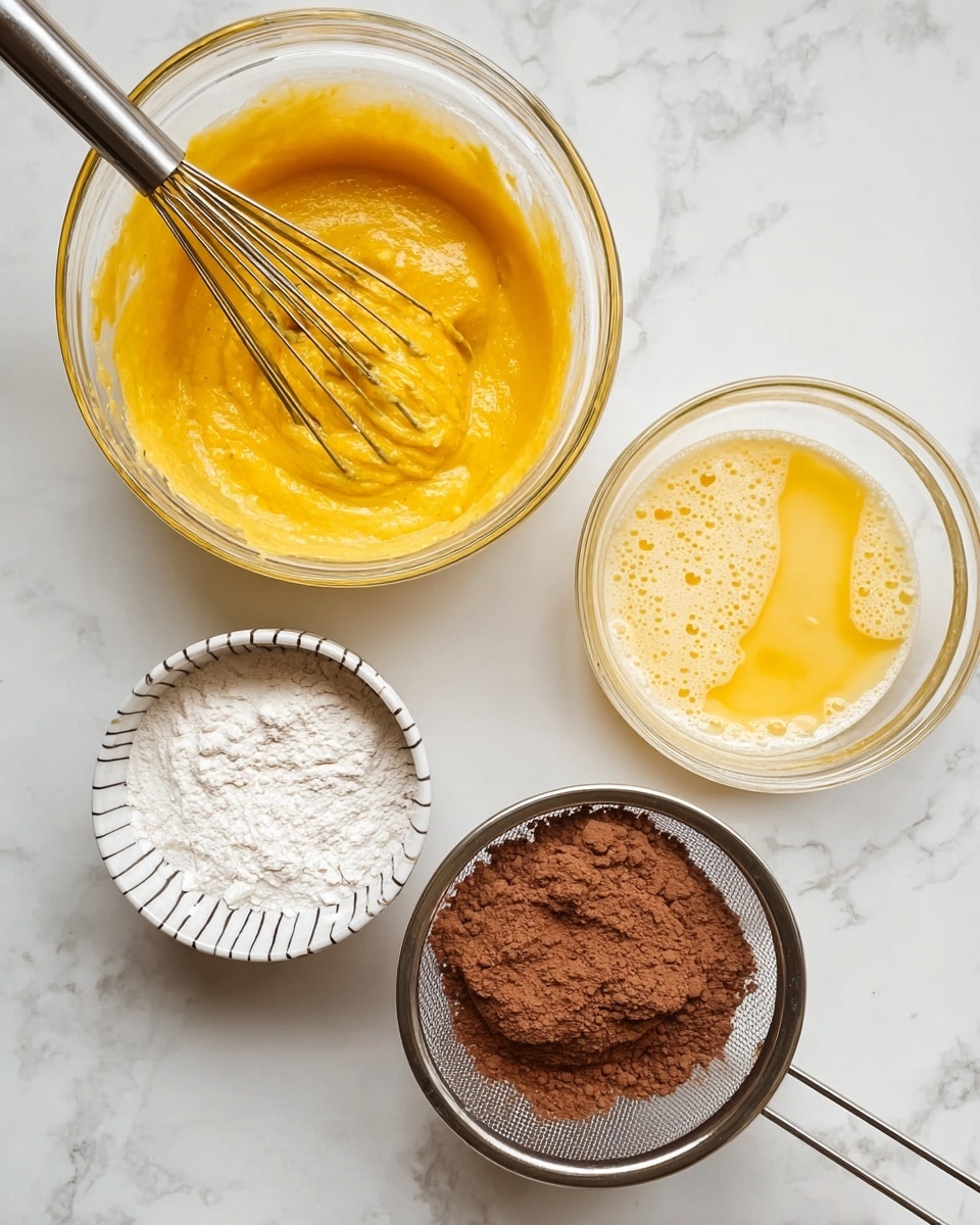 The image shows four clear glass and white bowls on a white marbled surface. The largest glass bowl at the top left contains a thick, smooth, bright yellow-orange batter with a metal whisk resting inside. To the top right, a smaller glass bowl is filled with beaten eggs, light yellow with some bubbles on the surface. Below the batter bowl on the left, a small white bowl with thin black stripes holds fine white flour. On the right, a metal sieve with a handle contains rich brown cocoa powder with some clumps. photo taken with an iphone --ar 4:5 --v 7