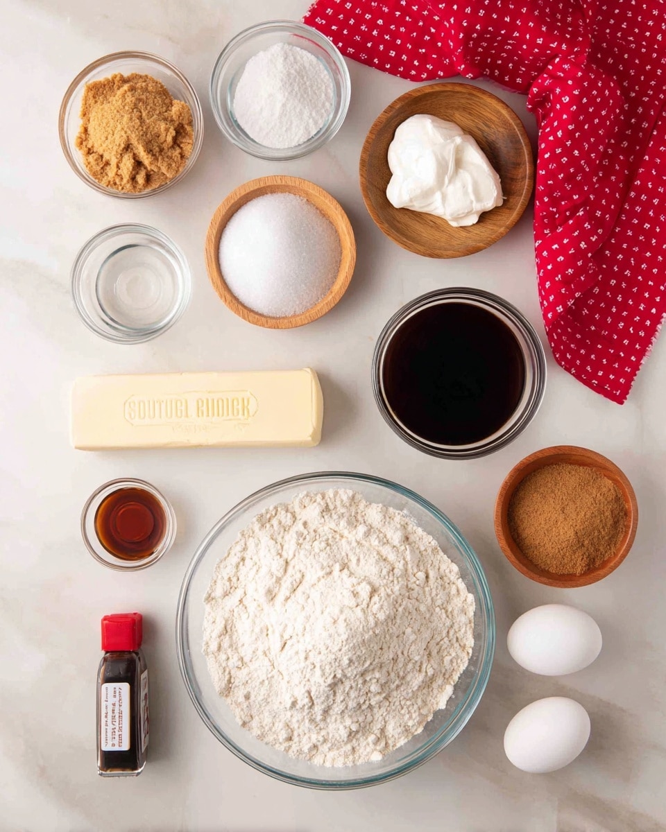 The image shows ingredients arranged on a white marbled surface. At the center bottom, a large clear glass bowl is filled with white flour. To the top left of the flour, a medium clear glass bowl holds light brown sugar. Above that, two small wooden bowls contain white powdery substances. To the right of those small bowls, a medium clear glass bowl is filled with dark brown liquid. Below and slightly left, a small clear glass bowl holds a clear liquid, next to two white eggs. Below the eggs, a small wooden bowl contains white crystalline salt near a small dark bottle with a red cap. Centered above the flour bowl, there is a stick of salted sweet cream butter. To the right of the butter is a small wooden bowl with light brown powder, and next to it, another small wooden bowl contains a cinnamon-colored powder. Finally, at the far right, a small clear glass bowl is filled with thick white cream. A red cloth with white polka dots is partly visible at the top. Photo taken with an iphone --ar 4:5 --v 7