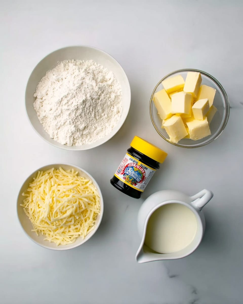 A flat lay image shows five small dishes and a jar arranged separately on a clean white marbled surface. On the top left is a white bowl filled with white flour mixed with a smaller amount of white powder, creating a soft, powdery texture. To the top right, a transparent small bowl holds pale yellow cubes of butter. Below the flour, a white bowl contains shredded pale yellow cheese with a slightly coarse texture. In the bottom right corner, a small white pitcher holds white milk with a smooth liquid surface. Between the butter and flour, there is a small black jar with a bright yellow lid and a colorful label, standing out against the white background. Photo taken with an iphone --ar 4:5 --v 7