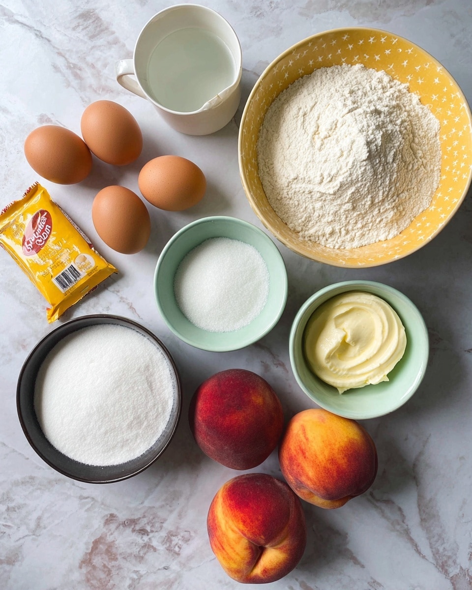 The image shows baking ingredients arranged on a white marbled surface. There are three brown eggs on the left side, next to a white cup holding a small amount of clear liquid. Above the eggs is a yellow bowl filled with white flour, surrounded by a subtle star pattern. To the top right of the bowl is a light green bowl also filled with white powder. On the right side is a small white bowl with a soft, pale yellow butter-like substance. At the bottom center is a dark bowl filled with white sugar, and to the right of that are four ripe peaches with red and orange skin. A yellow packet of vanilla sugar lies at the top left corner. photo taken with an iphone --ar 4:5 --v 7