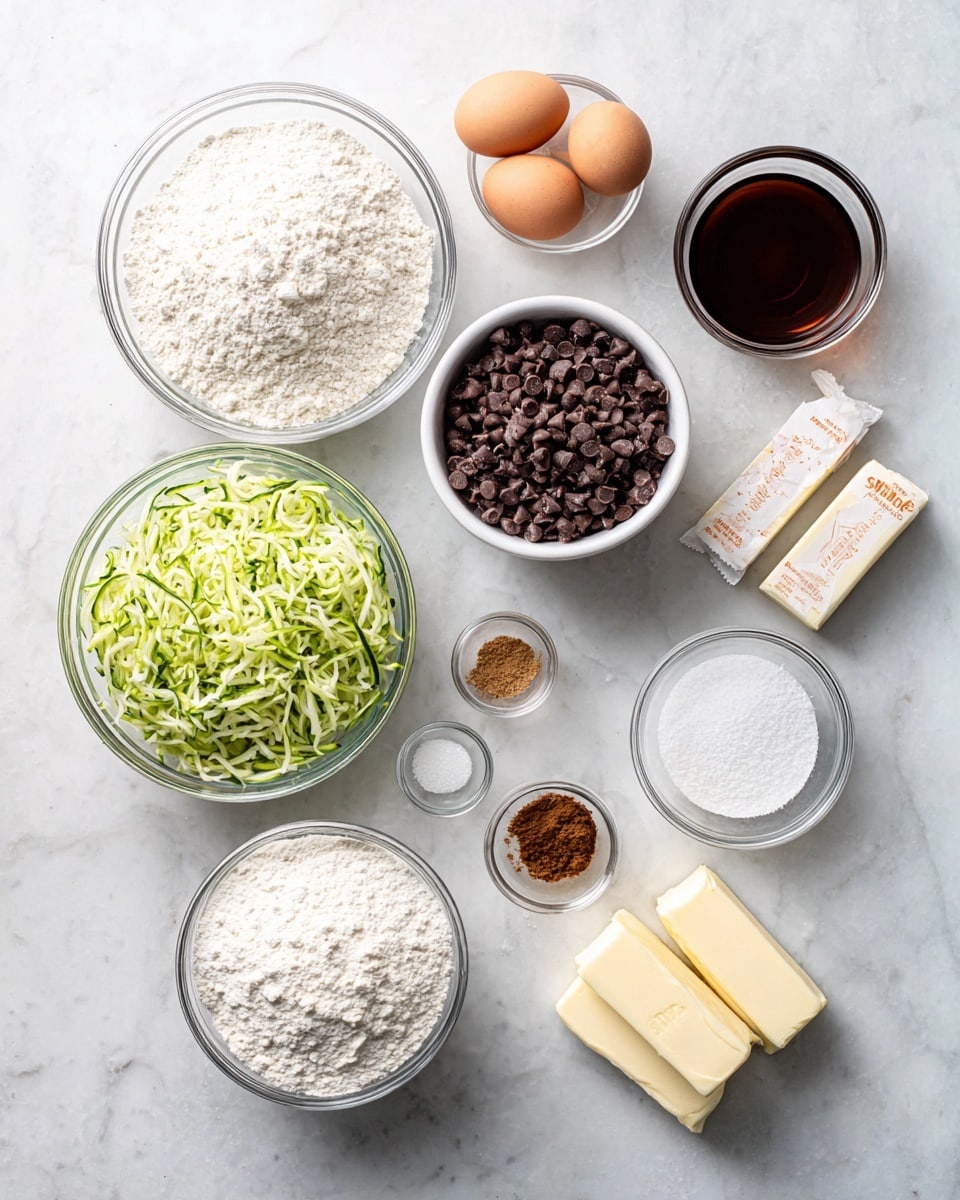 A flat lay image shows several clear glass bowls and a small white bowl arranged on a white marbled surface. The largest bowls hold white flour, dark brown chocolate chips, and shredded green zucchini with white edges. There is a small clear bowl with a dark brown liquid, two brown eggs in a small clear bowl, a tiny clear bowl with white salt, and another tiny clear bowl with light brown ground cinnamon. A small clear bowl with a white powder, likely baking soda or baking powder, and a white bowl filled with white granulated sugar are also visible. Two sticks of pale yellow butter wrapped in white paper with orange markings are placed next to the chocolate chips. The lighting is bright and even, and the composition is clean and organized. photo taken with an iphone --ar 4:5 --v 7