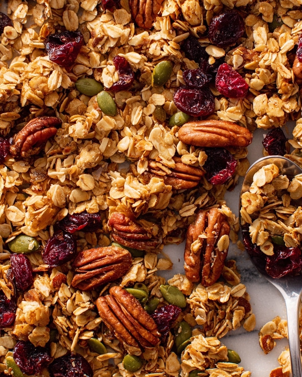 The image shows a close-up view of granola spread out on a white marbled surface. It has one visible layer made up of a mix of golden brown oat clusters, large whole pecans with a shiny texture, green pumpkin seeds, and bright red dried cranberries scattered evenly throughout. A metal spoon is partially visible on the top right side, scooping some of the granola. The granola looks crunchy and textured with a mix of smooth nut surfaces and rough oat flakes. The lighting highlights the warm tones and varied details of the ingredients. Photo taken with an iphone --ar 4:5 --v 7