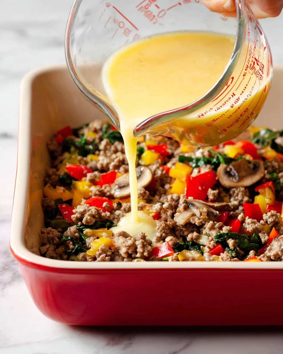A white marbled surface holds a red baking dish filled with a layer of cooked ground meat mixed with chopped colorful vegetables like red and yellow bell peppers, mushrooms, and green leafy pieces, spread evenly across the bottom. Above, a clear glass measuring cup with red markings is held by a woman's hand, pouring a smooth, light yellow liquid over the meat and vegetables layer. The image captures the moment the liquid flows down into the dish, showing texture contrast between the thick mix and the smooth pour. Photo taken with an iphone --ar 4:5 --v 7