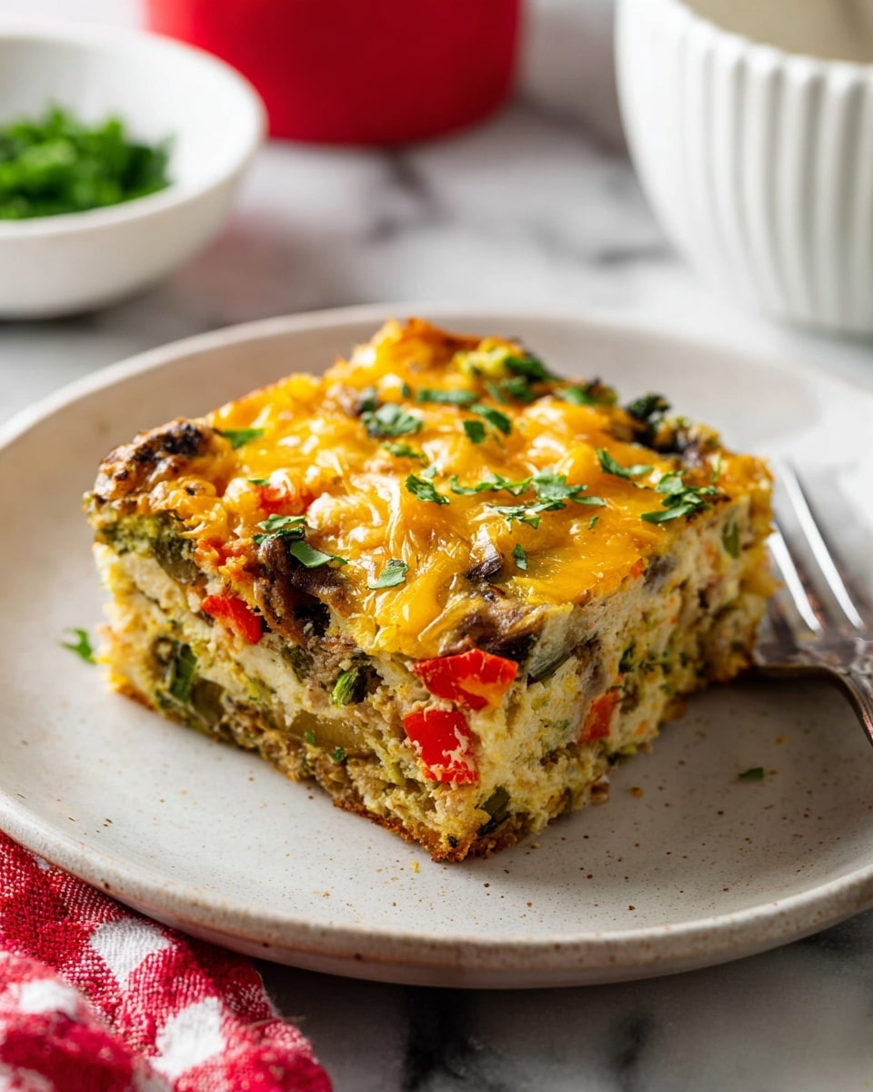 A baked casserole in a red rectangular dish with a golden-brown top layer made of melted cheese mixed with bits of browned sausage and colorful pieces of red, yellow, and green peppers. The cheese appears bubbly with some darker spots where it has crisped up, and fresh green herbs sprinkle the surface. You can see some white creamy drizzles and sliced green onions scattered on top. The dish rests on a white marbled surface, with a knife and some parsley visible nearby photo taken with an iphone --ar 4:5 --v 7