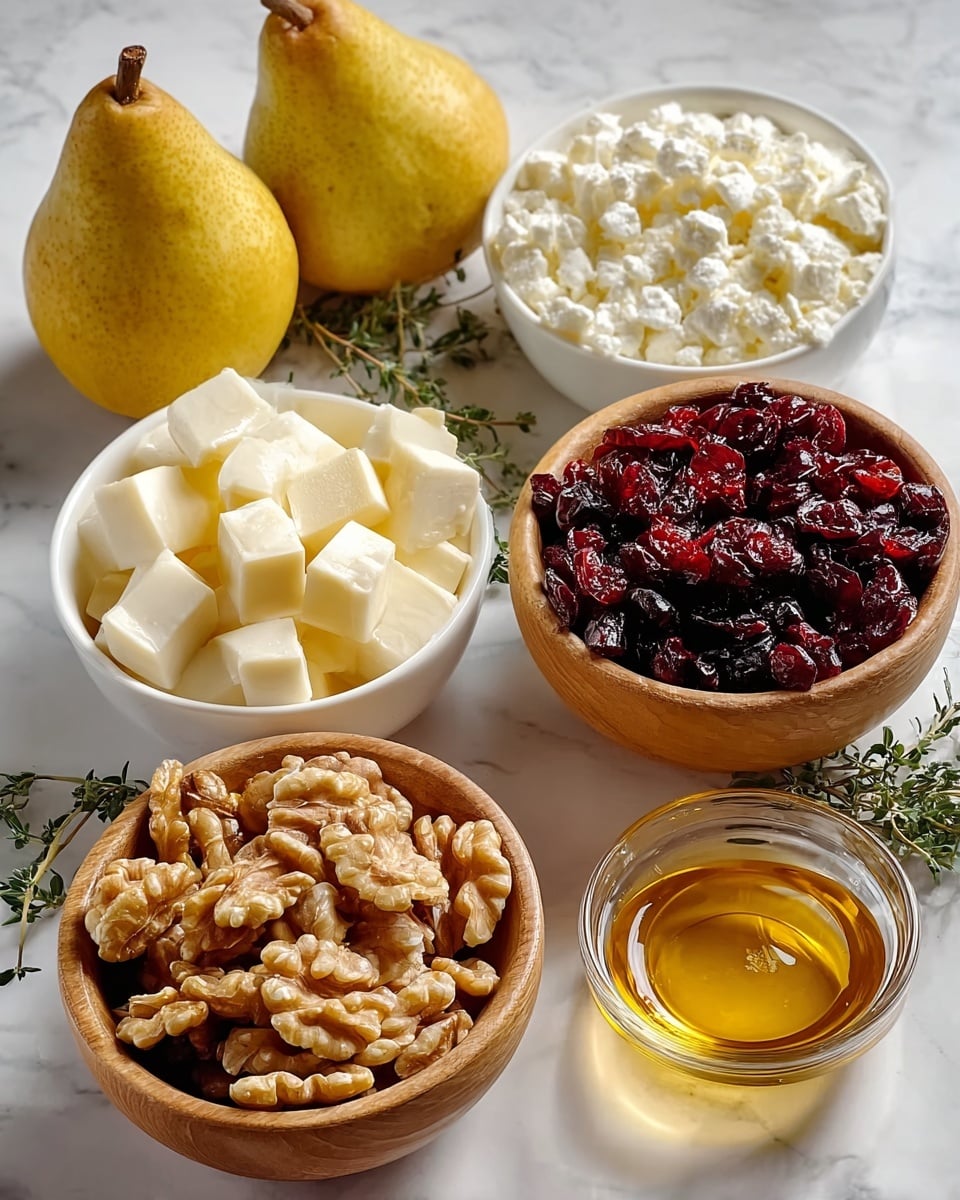 The image shows an arrangement of ingredients on a white marbled surface, including two whole yellow pears in the back left. In front of the pears are two white bowls: the left bowl is filled with pale yellow cheese cubes, and the right bowl holds white crumbly cheese. To the right, there is a wooden bowl filled with dark red dried cranberries. In the front left, another wooden bowl contains light brown walnuts with a rough texture. In the lower right corner, a small clear glass bowl holds golden honey with a smooth, shiny surface. Some green herb sprigs are placed near the pears for decoration. photo taken with an iphone --ar 4:5 --v 7