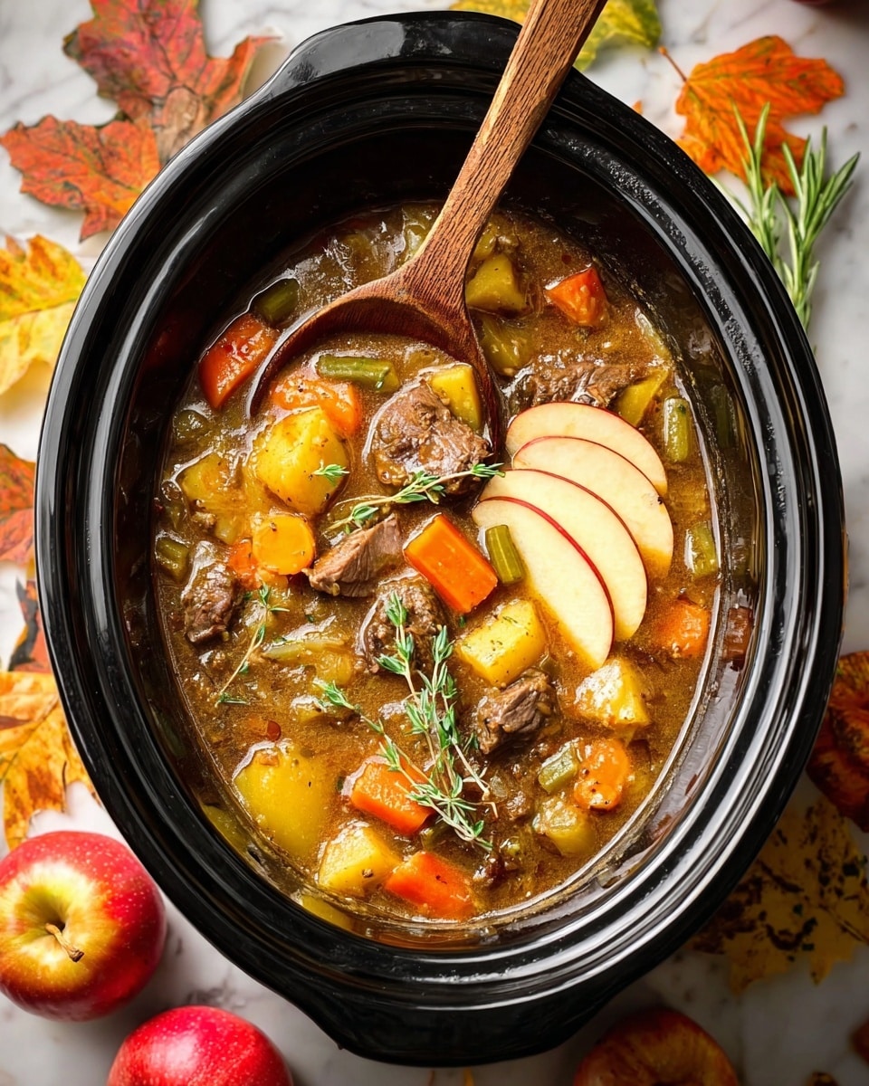 A black slow cooker bowl filled with chunky stew showing brown beef pieces, light orange carrots, green celery, and yellow potatoes in a thick brown broth; on top, three thin pale yellow apple slices and two small bright green herb sprigs add a fresh touch; a wooden spoon with a long handle rests inside, scooping up some of the stew; the scene is set on a white marbled surface with scattered colorful autumn leaves and whole red and yellow apples around the cooker; photo taken with an iphone --ar 4:5 --v 7