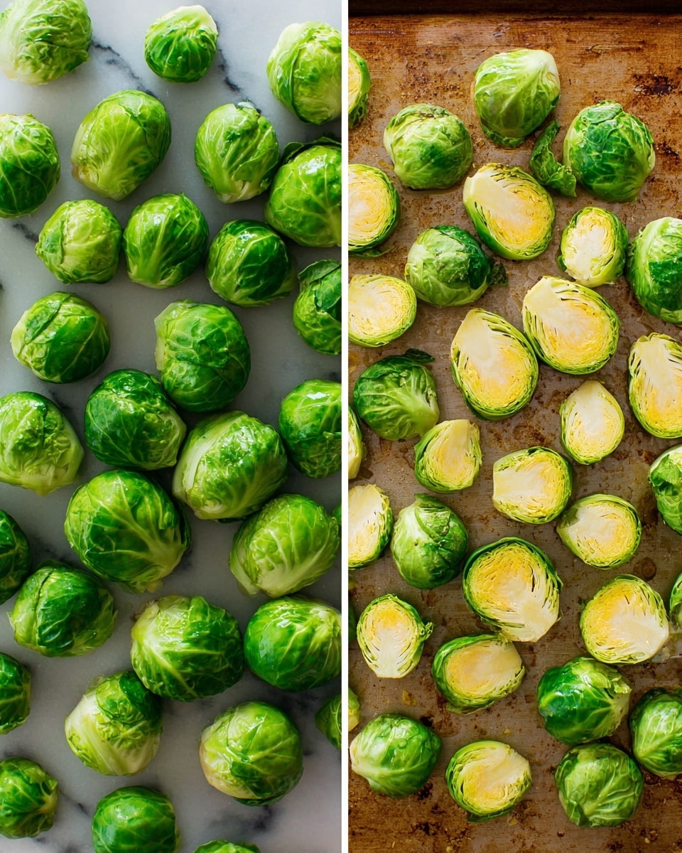 The image shows two sections side by side: the left side has many fresh green Brussels sprouts, some whole and some cut in half, with their smooth, layered leaves visible and showing pale yellow centers. The right side displays these Brussels sprouts placed on a baking sheet with a slightly browned, rustic texture underneath, and they appear coated with a light layer of oil or seasoning. The Brussels sprouts here look more cooked, with a brighter green color and softer texture. The background is changed to a white marbled texture. Photo taken with an iphone --ar 4:5 --v 7