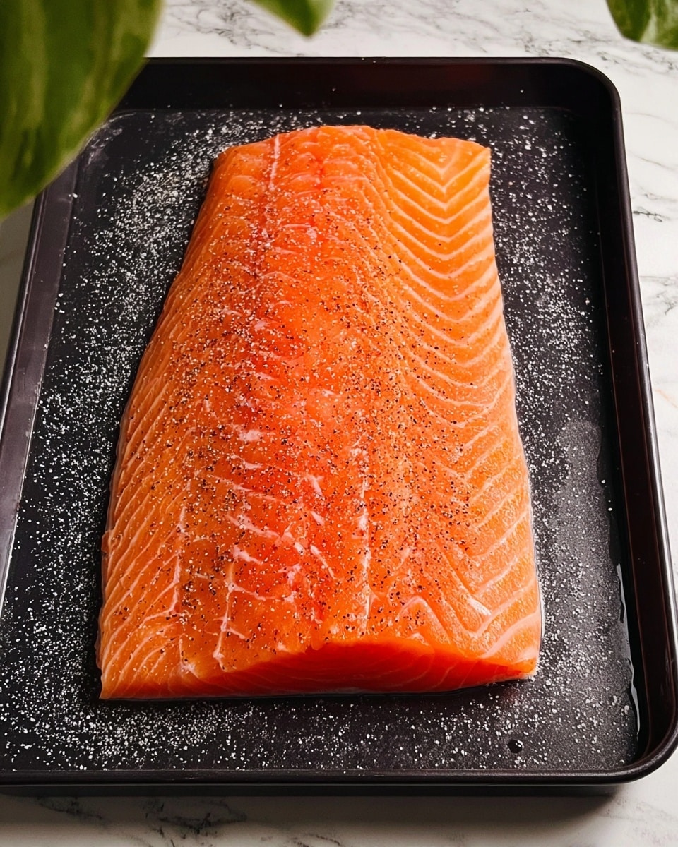 A single thick piece of raw salmon with a bright orange color, showing clear white lines of fat running through it, lies flat on a black baking tray. The salmon is seasoned with black pepper and some salt, visible as small specks on the surface and around the edges of the tray. The background is a white marbled countertop, with some green leaves partially visible at the top corners, adding a fresh touch. The lighting highlights the smooth texture and freshness of the salmon, emphasizing the bright color contrast with the dark tray photo taken with an iphone --ar 4:5 --v 7