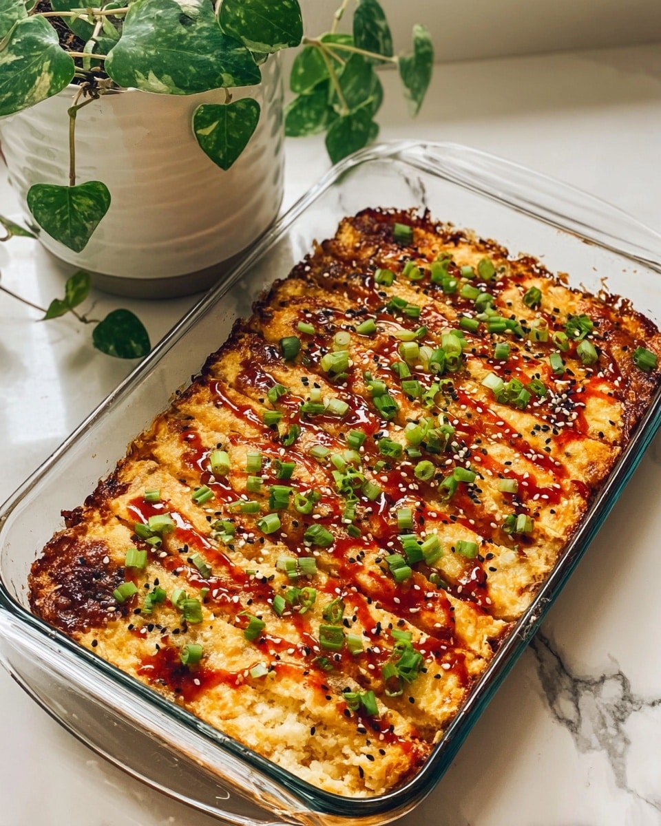 A baked layered dish in a clear glass rectangular baking dish rests on a white marbled surface. The top layer is golden-brown with spots of darker charred areas and is lightly drizzled with a red sauce, possibly hot sauce. This top layer is sprinkled with chopped green onions and black sesame seeds scattered evenly across the surface. The dish shows several even rows where it has been pre-sliced, revealing a textured, cheesy, and slightly crispy top crust. In the background, there is a white ceramic pot holding a green leafy plant with heart-shaped leaves. Photo taken with an iphone --ar 4:5 --v 7