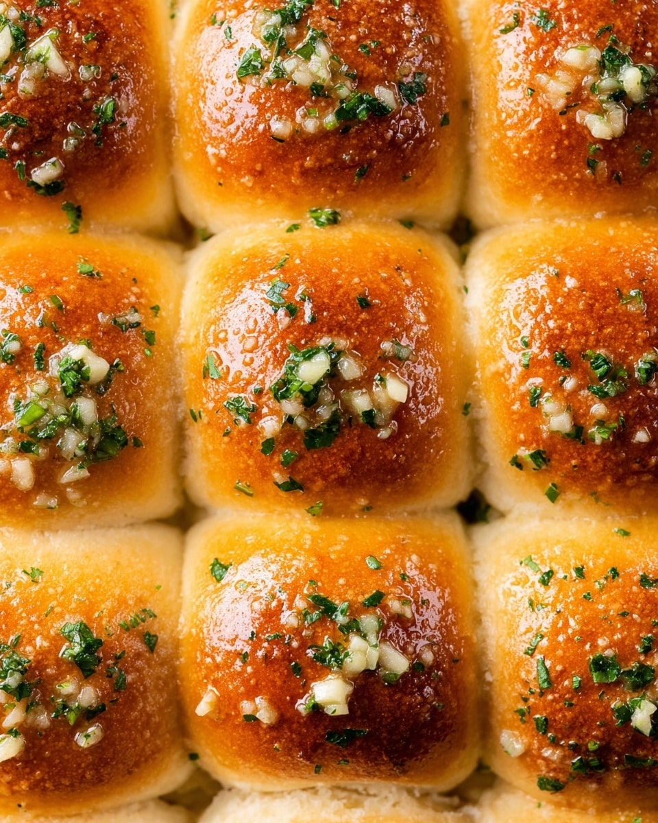 A close-up view of nine golden brown dinner rolls arranged tightly in a square grid. Each roll has a slightly shiny surface with a soft, fluffy texture, topped with small pieces of minced garlic and chopped green parsley scattered unevenly across the tops. The rolls have a warm, light to medium brown color gradient, with some parts glistening as if brushed with melted butter. The background is a white marbled texture. photo taken with an iphone --ar 4:5 --v 7