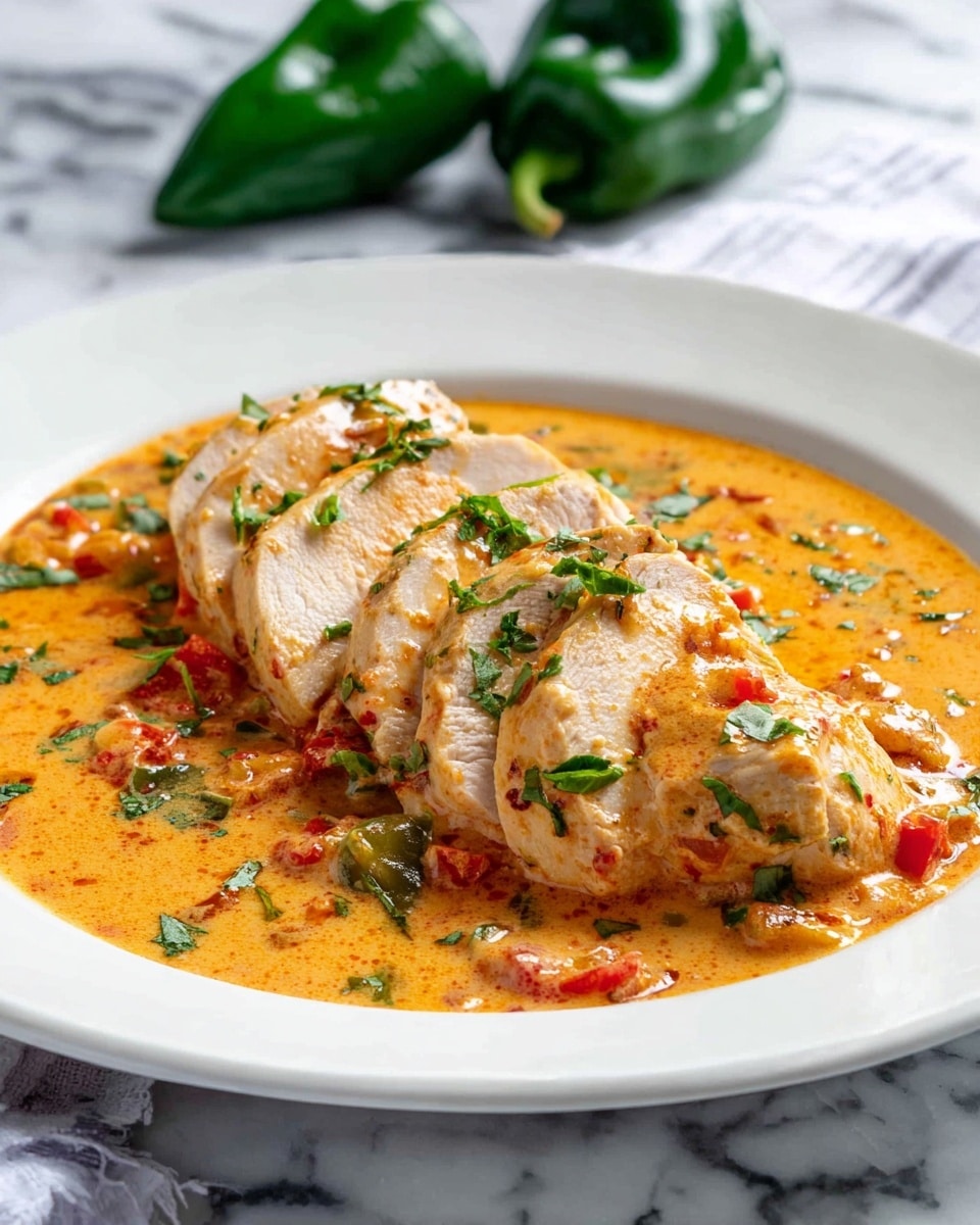 A white plate with a creamy orange sauce as the base layer, mixed with small red and green vegetable pieces. On top, five slices of light brown cooked chicken are neatly placed in a slight overlapping row toward the right side of the plate. The chicken slices have a tender texture with sauce drizzled over them. Fresh green herbs are sprinkled over the sauce and chicken, adding contrast. The plate sits on a white marbled surface with two green peppers in the blurred background. photo taken with an iphone --ar 4:5 --v 7