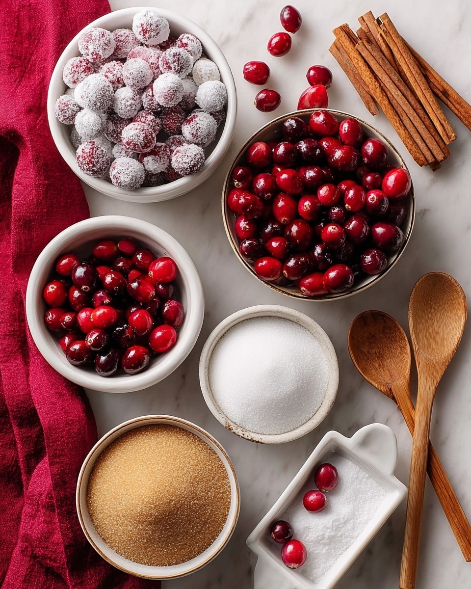 The image shows seven white bowls and dishes arranged on a white marbled surface, with a red cloth on the left side. The top right bowl is filled with shiny, red fresh cranberries. Below it, a smaller white bowl holds a smaller amount of shiny cranberries. To the left of that, a medium white bowl is full of frosted cranberries covered in white sugar. Above it, another bowl contains plain white granulated sugar. Below the frosted cranberries is a bowl of light brown sugar with a smooth surface. To the left of that, a small bowl holds several cinnamon sticks vertically stacked. At the bottom right corner, a white dish with two compartments contains white granulated sugar in one and a few loose cranberries next to it. Three wooden spoons rest on the right side of the setting. Photo taken with an iphone --ar 4:5 --v 7