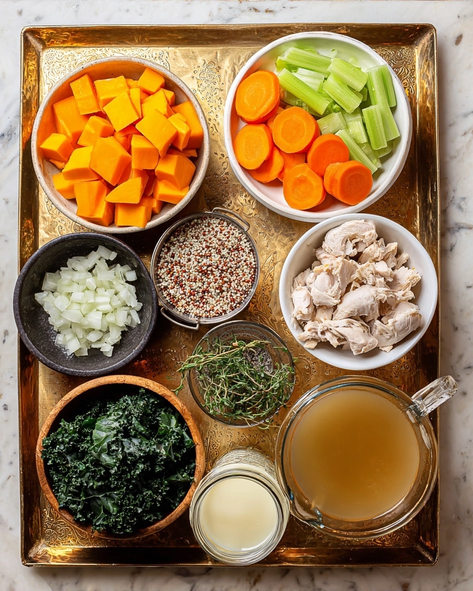 A golden metal tray holds several white bowls and containers with ingredients arranged neatly. In the top left, a bowl is filled with bright orange cubed vegetables. To the right, another bowl contains two layers of sliced vegetables: the bottom layer is orange carrot slices, and the top layer is green celery pieces. Below them is a small black bowl filled with chopped white onions. In the center is a small metal cup holding a mix of white and red grains. To its right is a tiny bowl with salt and pepper, next to fresh green herbs. On the bottom left, a wooden bowl holds dark green leafy vegetables. Near its top right, a white bowl contains light beige pieces of cooked poultry. In the bottom center, a glass measuring cup contains clear light brown broth, and behind it, a small glass jar holds a creamy white liquid. The tray is set on a white marbled surface photo taken with an iphone --ar 4:5 --v 7