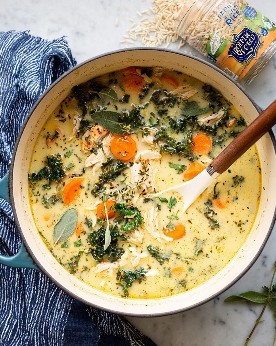 A white pot filled with creamy soup that has a light yellow color. Inside the soup are visible bright orange carrot slices, bits of green leafy kale, small pieces of light brown chicken, and cooked rice grains. There are also fresh herbs like sage and thyme floating on top. A white spoon with a wooden handle rests inside the pot, partially submerged in the soup. The pot sits on a white marbled surface with a blue and white striped cloth nearby. A container of Royal Blend rice is tilted next to the pot, with some rice spilled out next to it. Photo taken with an iphone --ar 4:5 --v 7