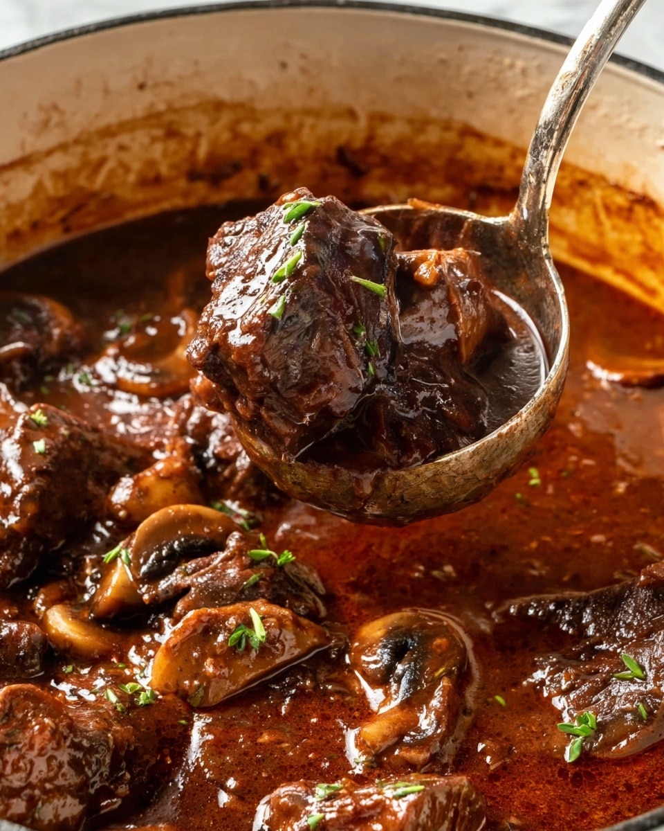 This image shows a close-up of a thick stew in a white pot with a white marbled background. The stew is rich dark brown with visible chunks of tender meat that look soft and moist. The sauce is smooth but thick, covering the meat and mixed with small pieces of light brown mushrooms and onions. There are small green herb pieces sprinkled over the stew adding a touch of fresh color. A metal ladle lifts a large piece of meat from the pot, highlighting the stew’s hearty texture and juicy layers. photo taken with an iphone --ar 4:5 --v 7