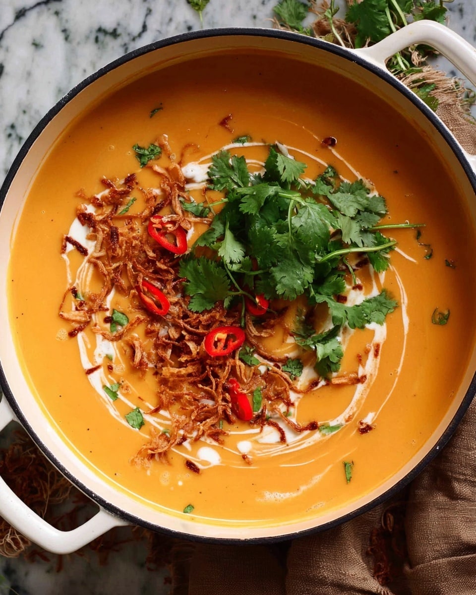 A top view of a creamy orange soup served in a white pot with two handles. The soup has a smooth texture and is decorated with a swirl of white cream on the surface. There are chopped red chili slices and a bunch of fresh green cilantro placed on top, along with crispy fried onions scattered over the cream and soup. The pot is set on a white marbled surface with a brown cloth partially visible on the right side. Photo taken with an iphone --ar 4:5 --v 7